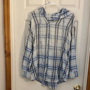 aerie Blue & White Plaid Hooded Button-Front Shirt